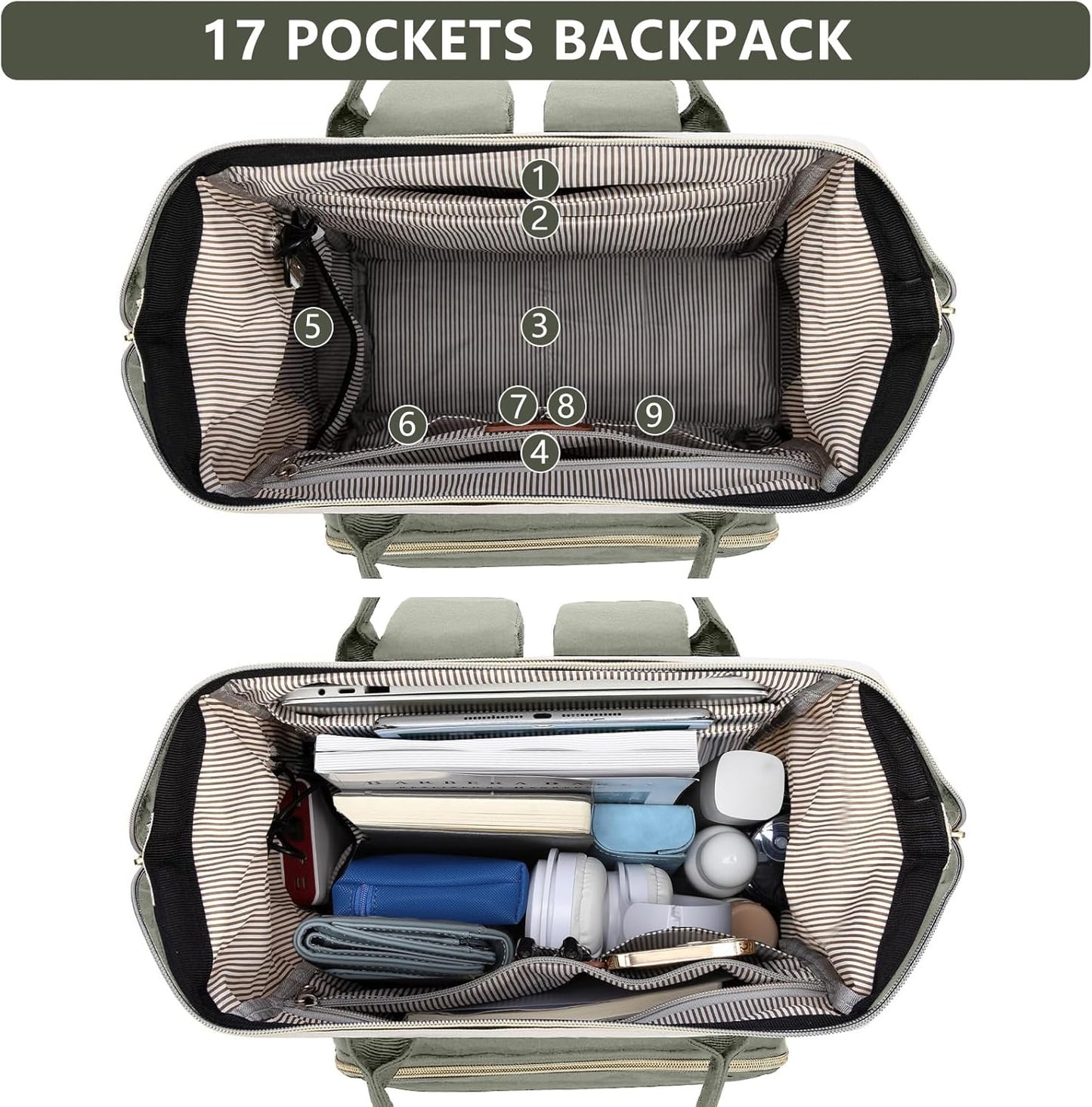 Laptop Backpack Women Work Bag: 15.6 inch Work Bookbag with USB Charging Port Large Travel Backpack Purse for College Nurse Casual Daypack for Teacher Professional Computer Backpack Beige Light Green