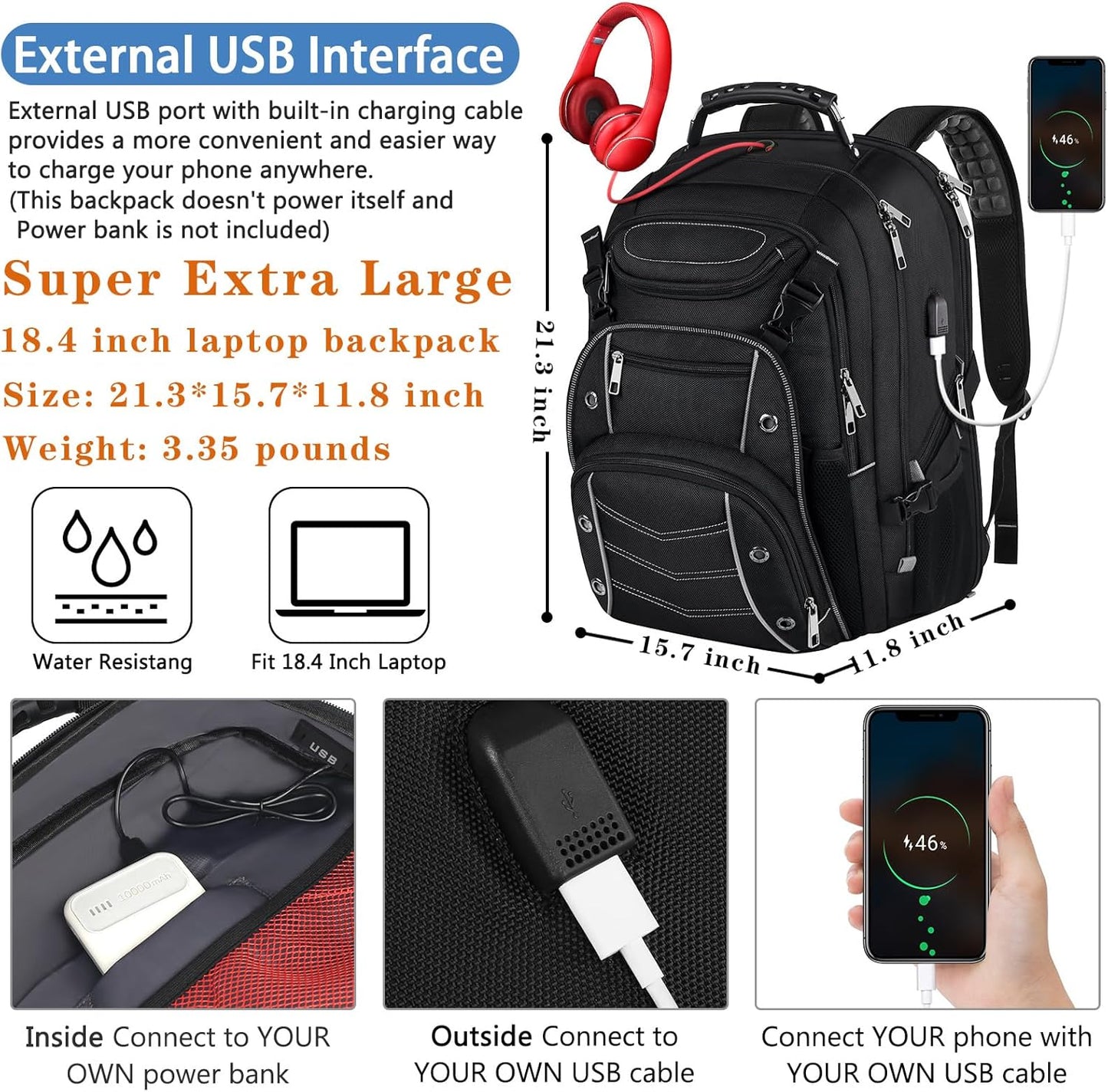 VECKUSON 18.4 Laptop Backpack for unisex, 60L Extra Large Gaming Laptops Back Bag with USB Charger Port,TSA Friendly Flight Approved and RFID Anti-Theft Pocket Heavy-duty Pack,21.3*15.7*11.8inch Grey