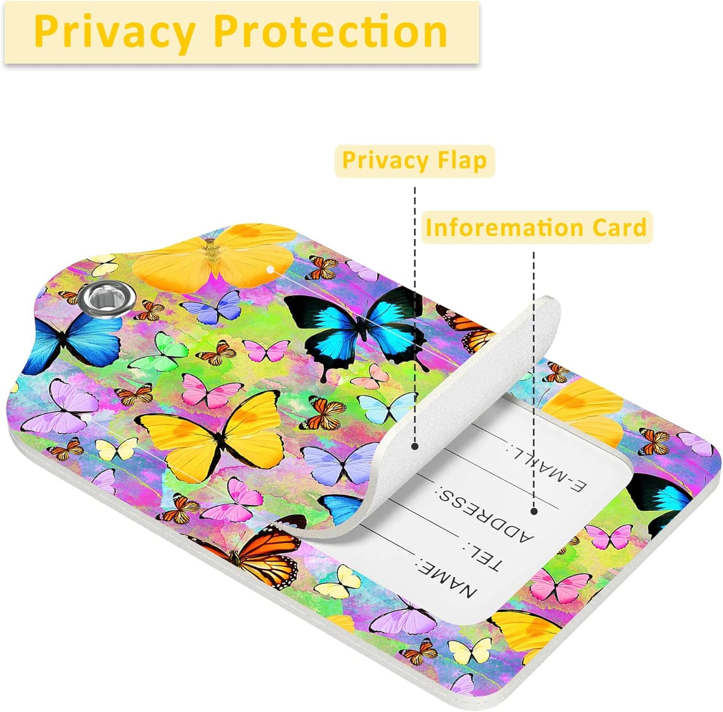 2 Pack Luggage Tags for Suitcases,Colored Tropical Butterflies Luggage Tag,PU Leather Id Label Luggage Tags with Stainless Steel Loop and Privacy Cover for Women Men Teens Travel