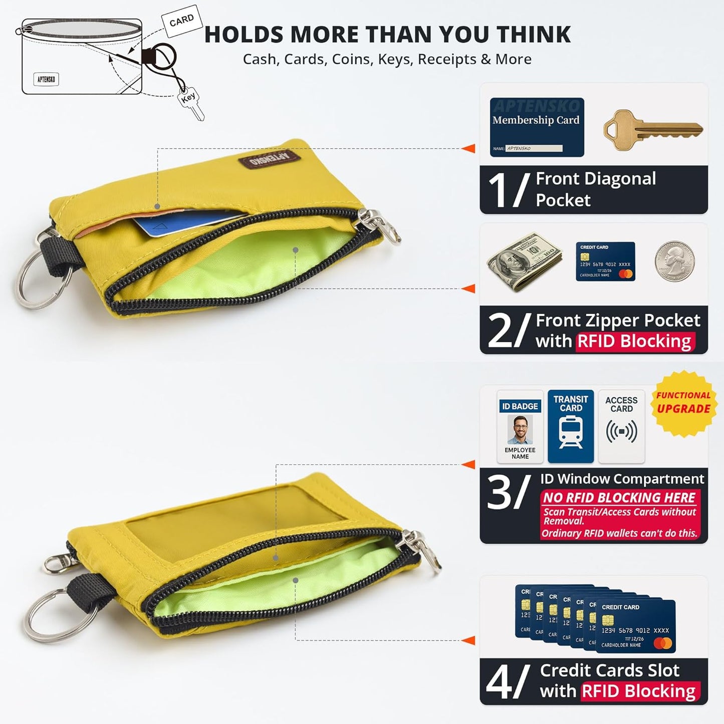 RFID Travel Wallet with Adjustable Lanyard-Zipper Small Wallet with ID Card Holder, Keychain for women&men-Minimalist Slim Waterproof Nylon case for ID, Cash, Key (Dark Yellow)