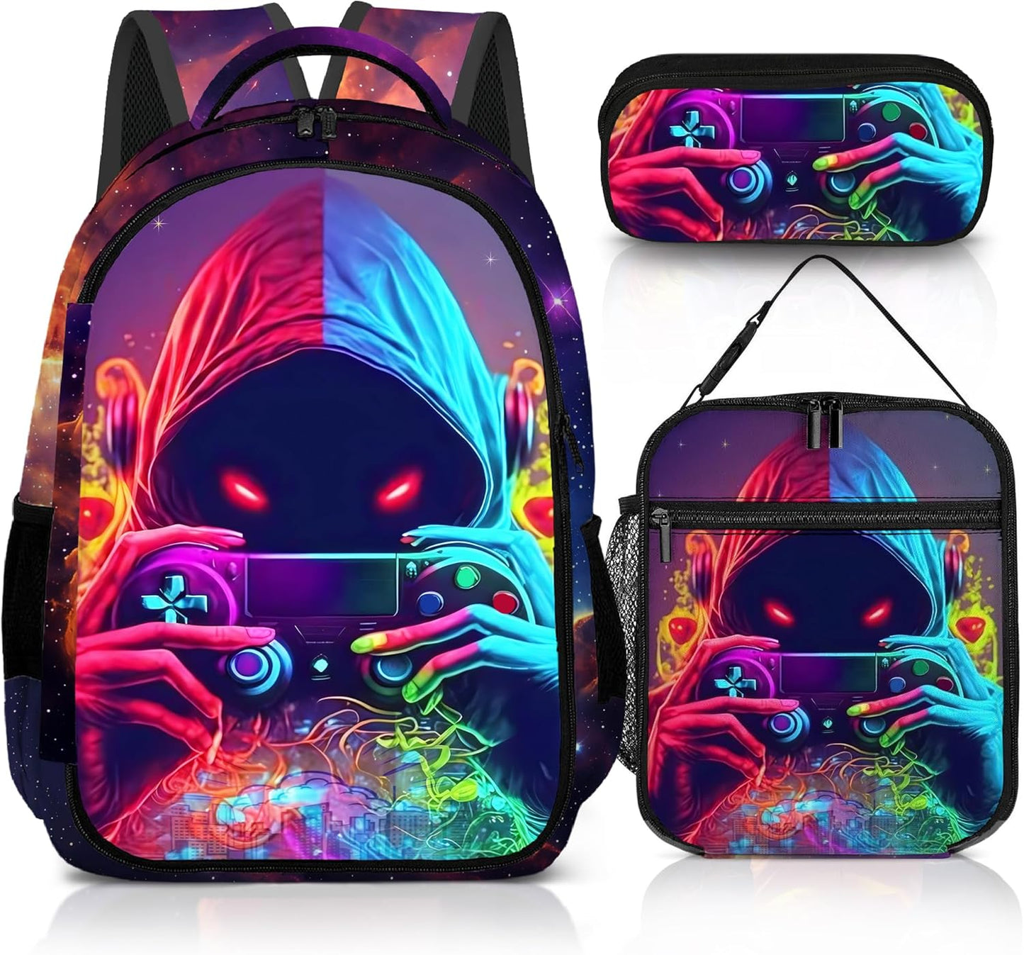 Game Backpack Set for Boys, Gaming Backpack 3 Pack, Boys Lunch Box, and Pencil Bag for Kids, 17"