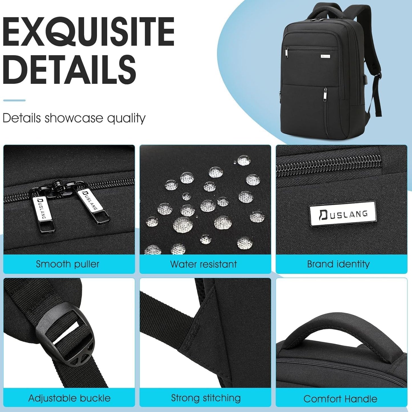 DUSLANG 15.6 Inch Laptop Backpack for Travel Water Resistant College Backpack for Men Women Laptop Bag with USB Charging Port Business Backpack,Black
