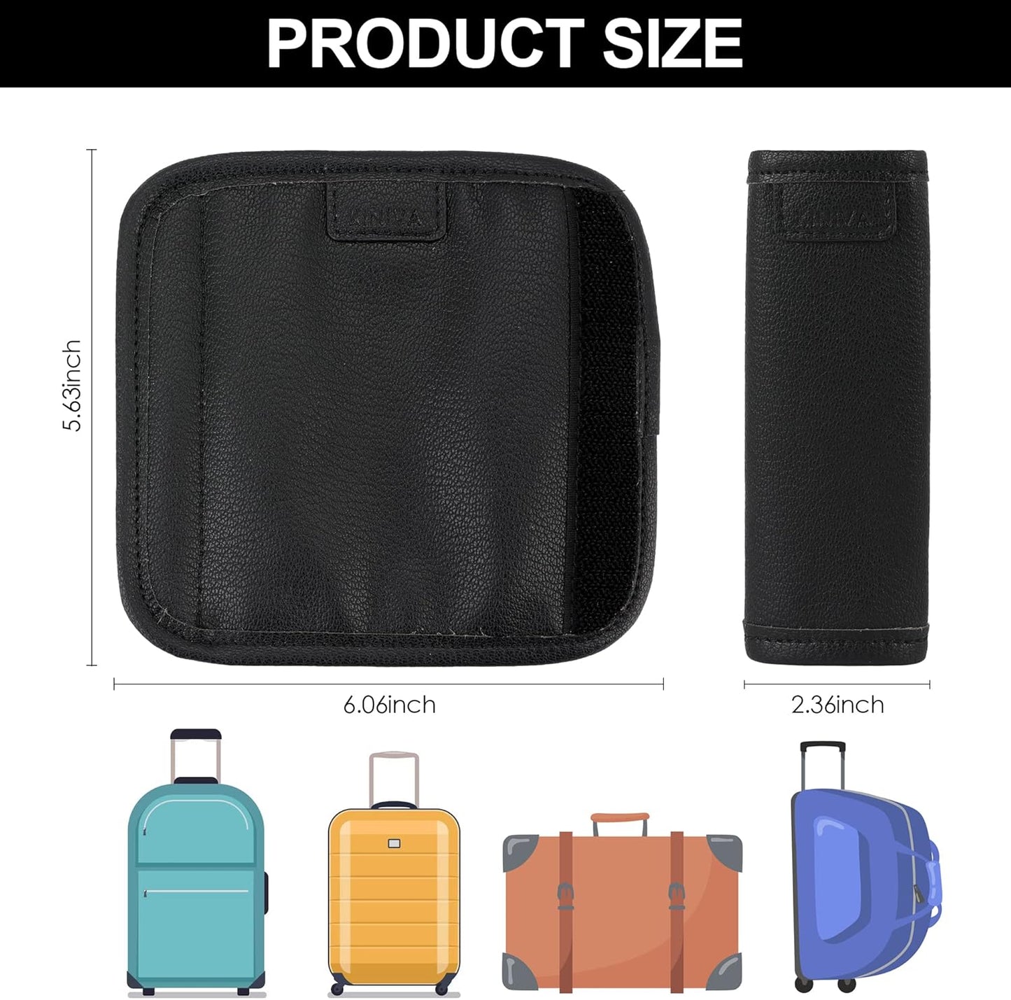 KINIVA Vegan Leather Luggage Handle Wraps, 4 Pack Set, Black, 5.7"x6.1" (Unfolded), 5.7"x2.4" (Folded), Travel Accessories, Suitcase Markers