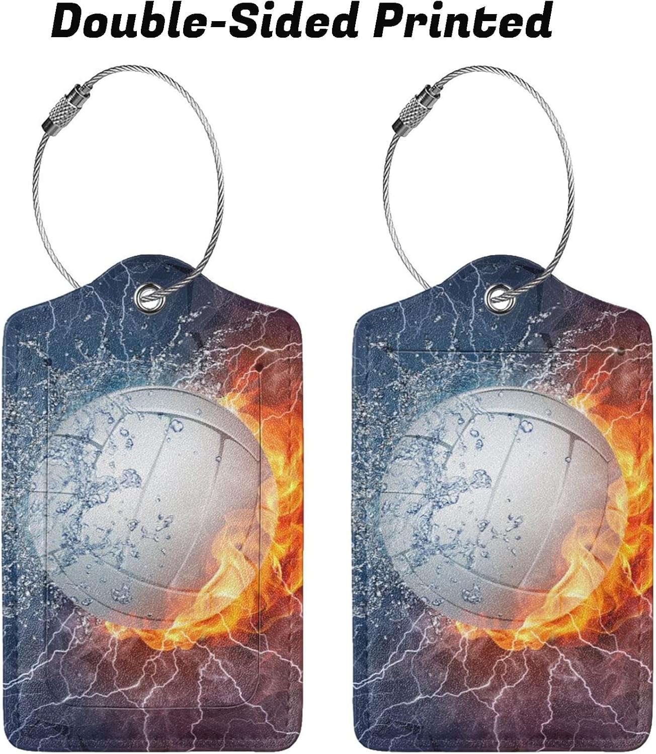 Set of 2 Volleyball Luggage Suitcases Tags for Sports Men Boys Kids Women Girls Travel, Name ID Card Labels Set PU Leather with Full Back Privacy Cover Stainless Steel Loop Baggage Tags for Travel