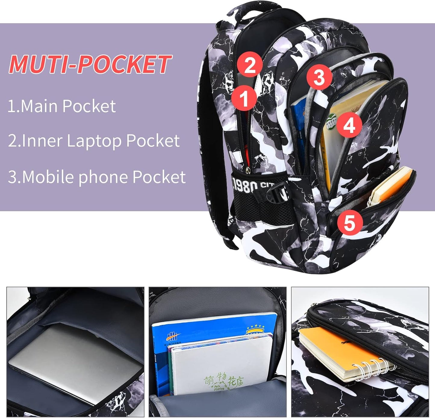 Camo Backpack for Kids, Lightweight Camo Backpack Elementary Middle School Backpack Water Repellent Bookbag (Camo Black 2 in 1)