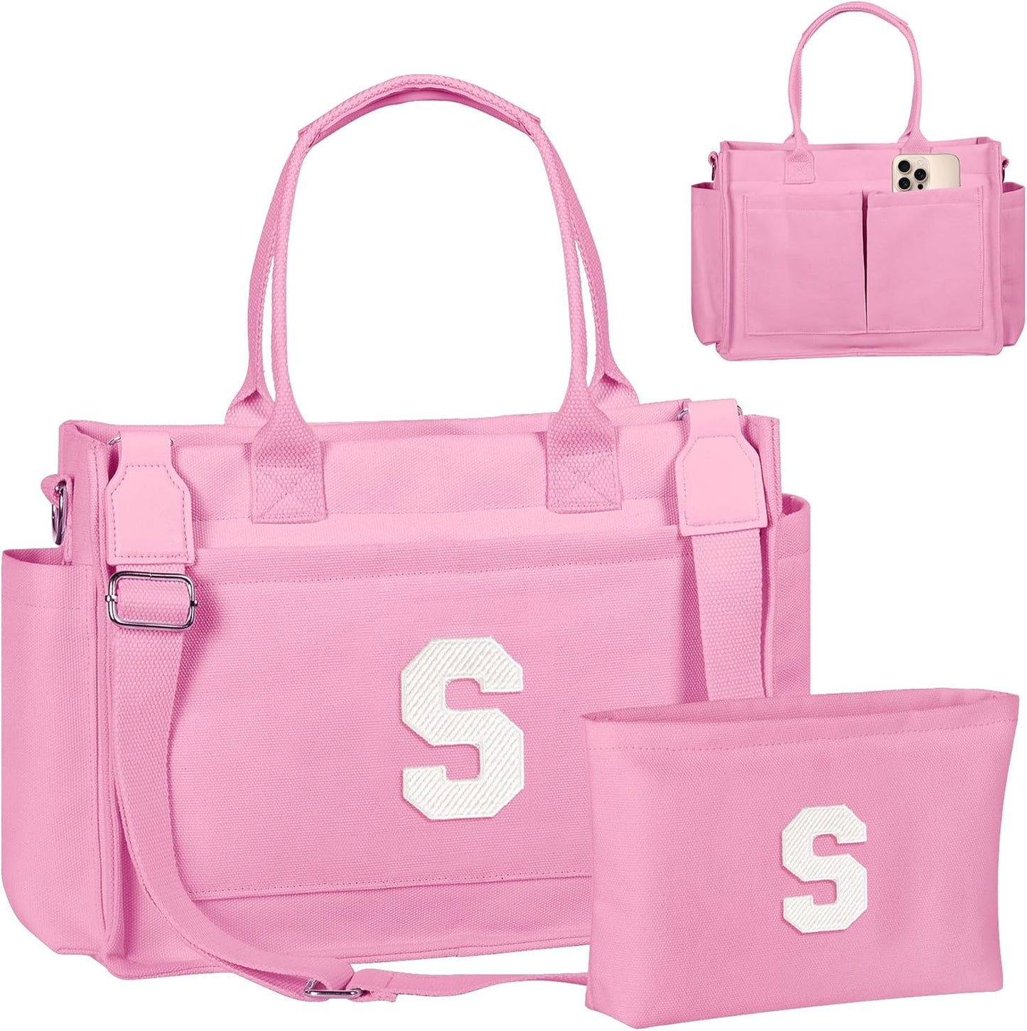 Gifts for Women Teen Girls, Initial Tote Bag with Zipper, Letter Canvas Tote Purse for College Work Laptop Beach