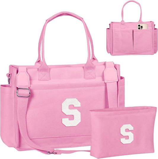 Gifts for Women Teen Girls, Initial Tote Bag with Zipper, Letter Canvas Tote Purse for College Work Laptop Beach