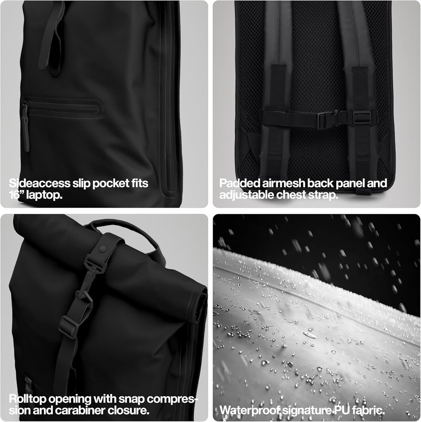 RAINS Rolltop Rucksack – Navy Waterproof Rolltop Backpack Water Resistant Water Repellent Commuter Travel Pack Urban Minimalist Design – 2 Year Warranty