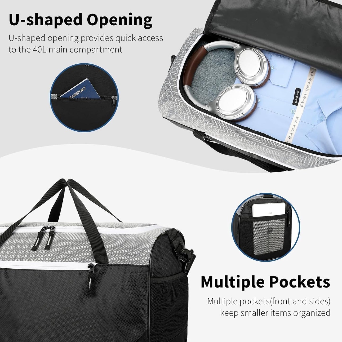 Foldable Duffle Bag for Travel, Collapsible Duffle Bag for Men, Carry On Duffel Bags for Airplanes, Black Gray