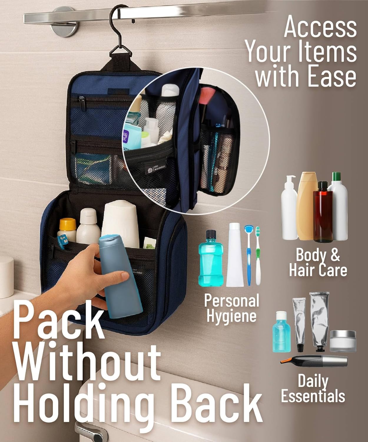 DD D&D Wanderlust D&D Hanging Travel Toiletry Bag for Men and Women – Cosmetics, Makeup and Toiletries Organizer Kit with 10 Compartments