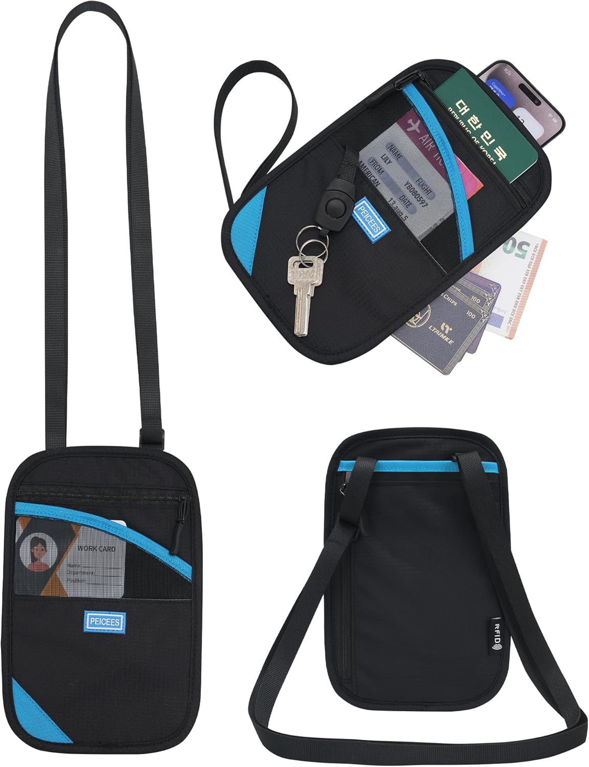 Peicees Neck Wallet, RFID Blocking Passport Holder, Easy to Conceal Travel Pouch, Blue