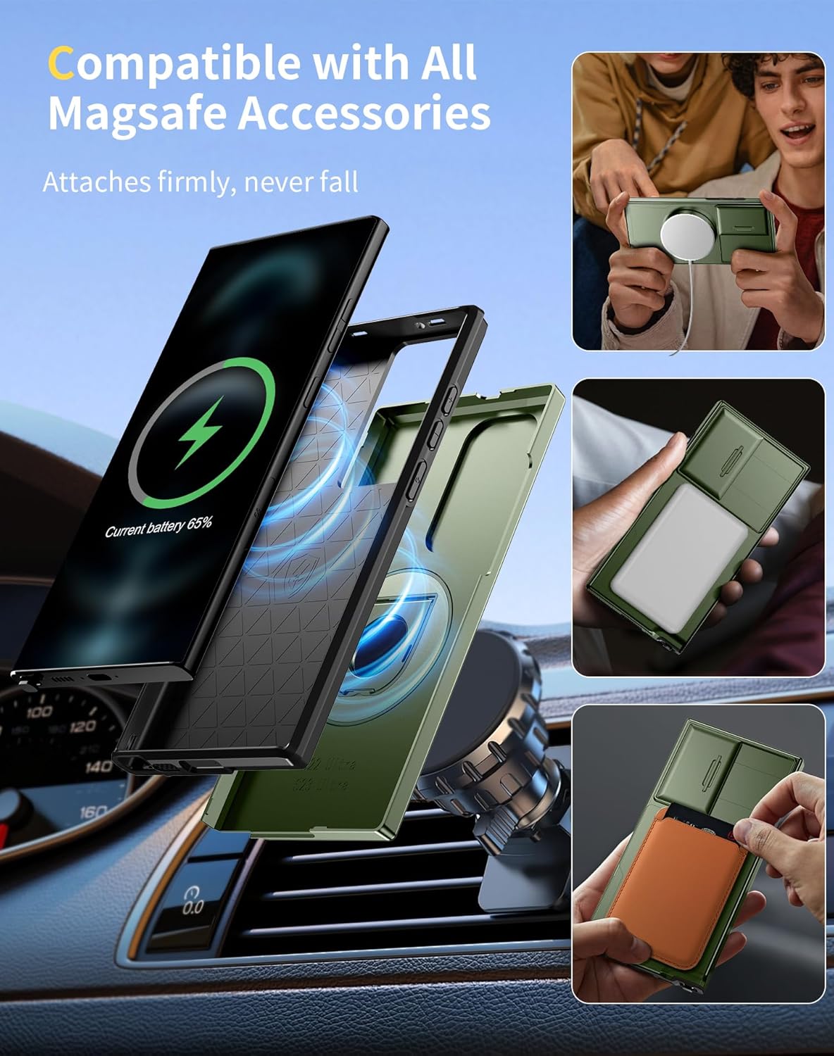 for Samsung Galaxy S23 Ultra Case Magnetic Compatible with MagSafe Wireless Charging,with Screen Protector,Built-in Stand Ring+Camera Cover Anti-Scratch Shockproof Heavy Duty Protection Green