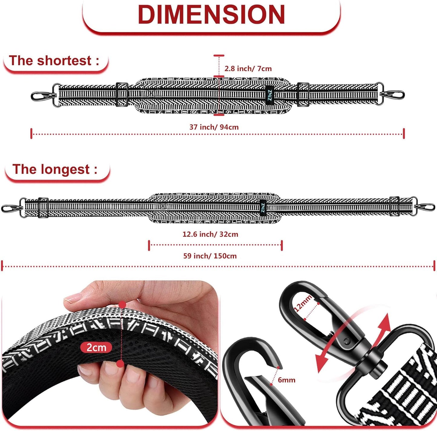 ZINZ Shoulder Strap 59 Inch Universal Bag Strap with Ultra-thick Fixed Breathable Pad Adjustable Heavy-duty Shoulder Strap for Laptop bag Crossbody Gym Bag Camera Bag and more - Black White Jacquard