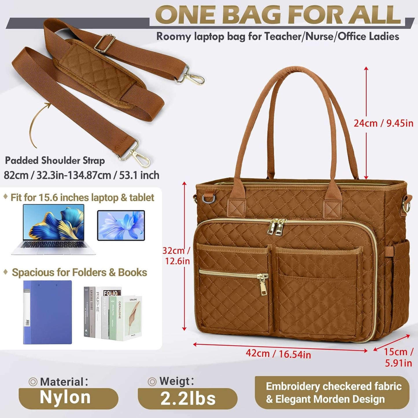RAINSMORE Teacher Tote Bag 15.6 inch Laptop Bag for Women Work Bags Laptop Tote Nurse Bag Professional Computer Messenger with Insulated Pocket, Laptop Briefcase for Office, College, Nursing, Brown