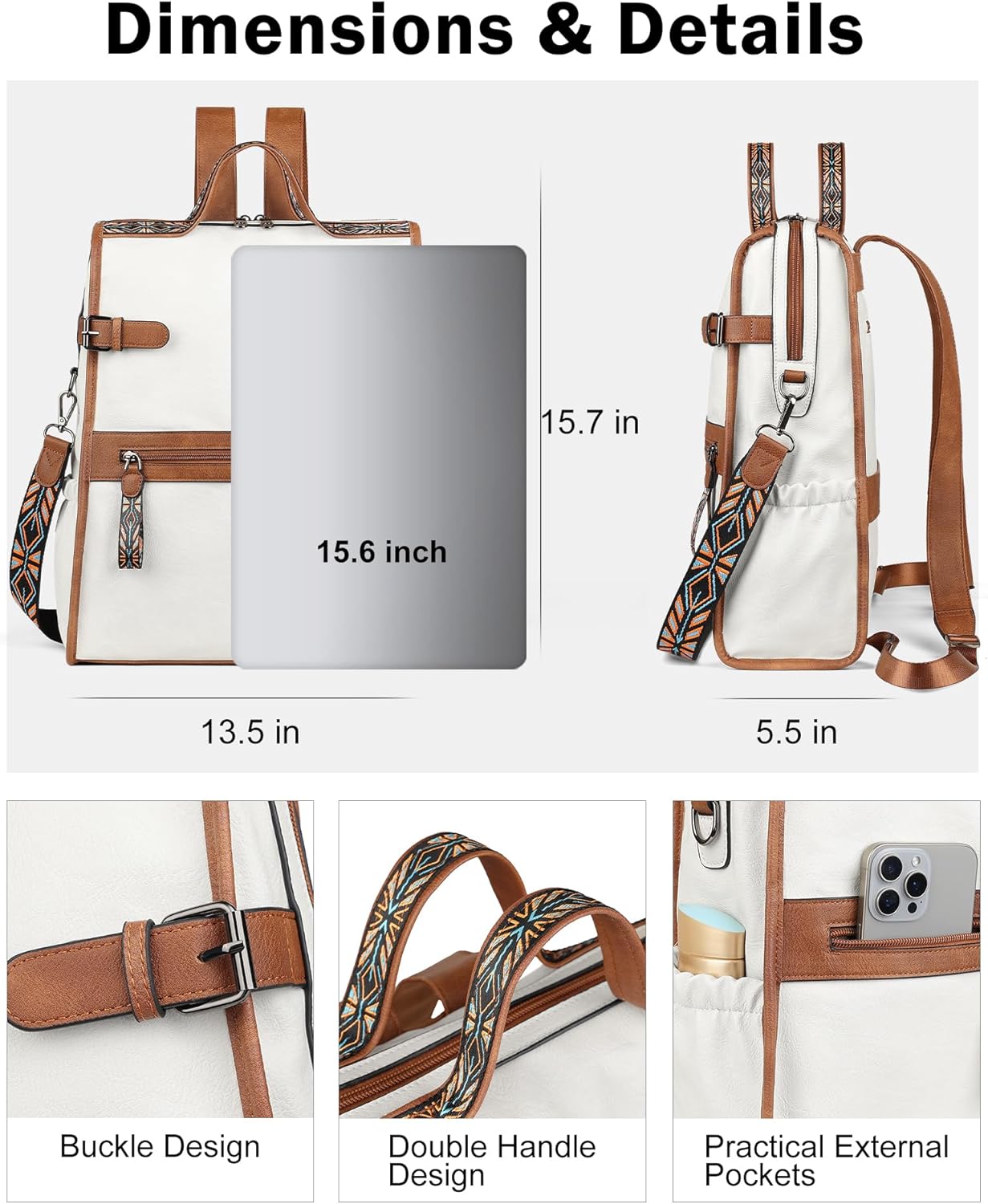 FADEON Leather Laptop Backpack for Women, Designer Ladies Work Travel Computer Backpack with Laptop Compartment Purse White