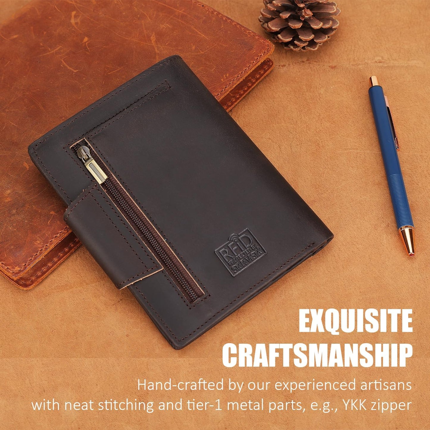 STAR VISTA Carmen Leather Passport Wallet, Dual Bifold Cash Pockets, RFID Blocking, ID Window, 6 Card Slots, Coin Pocket, SIM Slots, AirTag Slots, Dark Brown
