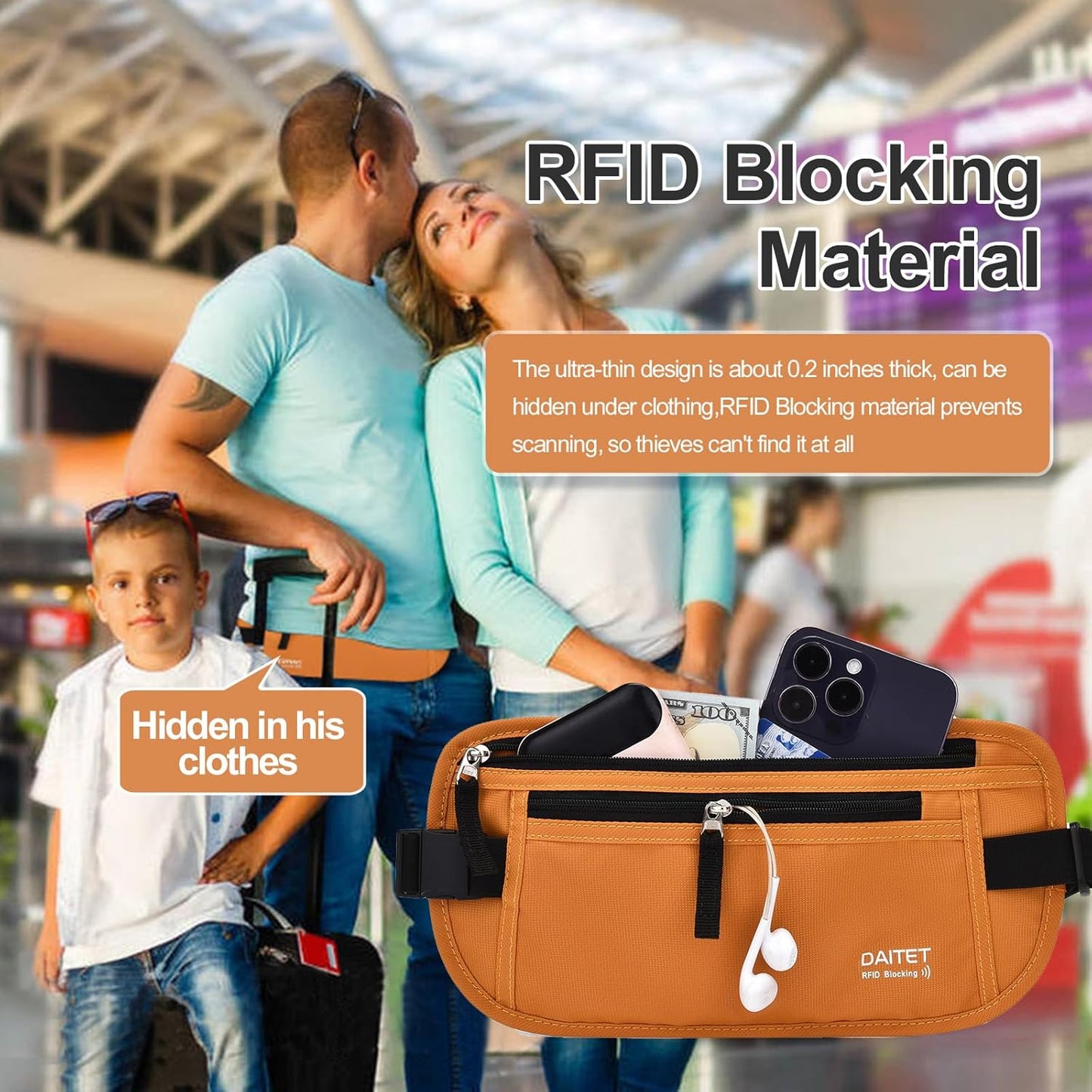RFID Blocking Money Belt for Men Women, Slim Fanny Pack for Travel，Running,Conceal Waist Wallet for Passport Holder,Phone,Cash(Brown Orange)