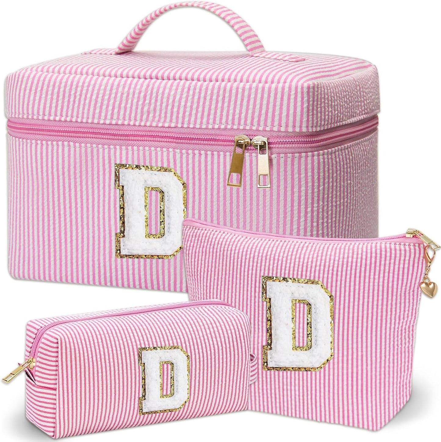 Personalized Monogram Makeup Bag, 3PCS Custom Monogrammed Toiletry Cosmetic Bag for 6-18 Teen Girls Women,Birthday Graduation Gifts Initial Pouch Makeup Bags for Women Girls, Make Up Bag (D, Pink)