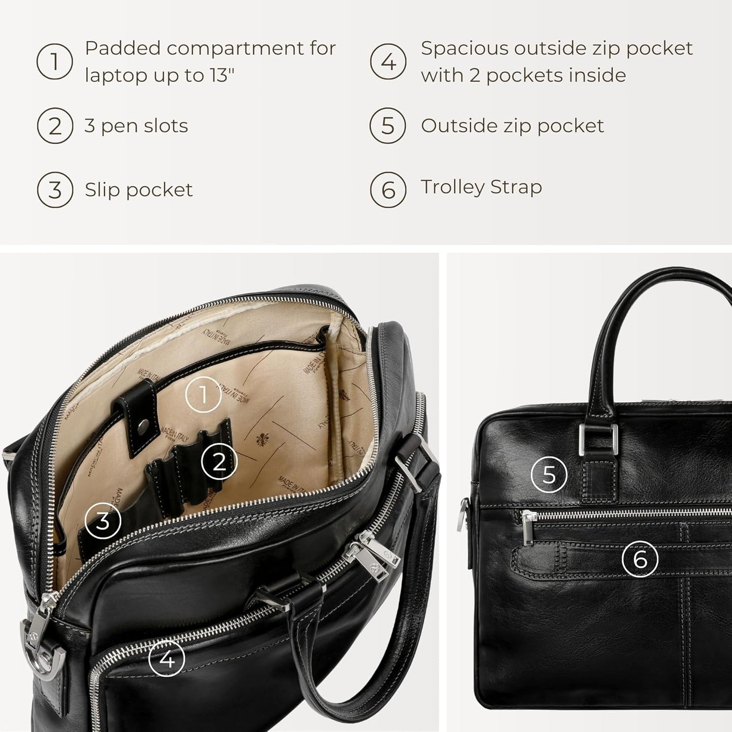 Time Resistance Leather Briefcase - Italian Handmade Leather Laptop Bag - Briefcase for Men and Women - Computer Bag