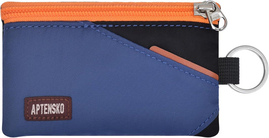 RFID Travel Wallet with Adjustable Lanyard-Zipper Small Wallet with ID Card Holder, Keychain for women&men-Minimalist Slim Waterproof Nylon case for ID, Cash, Key (Navy+Black)