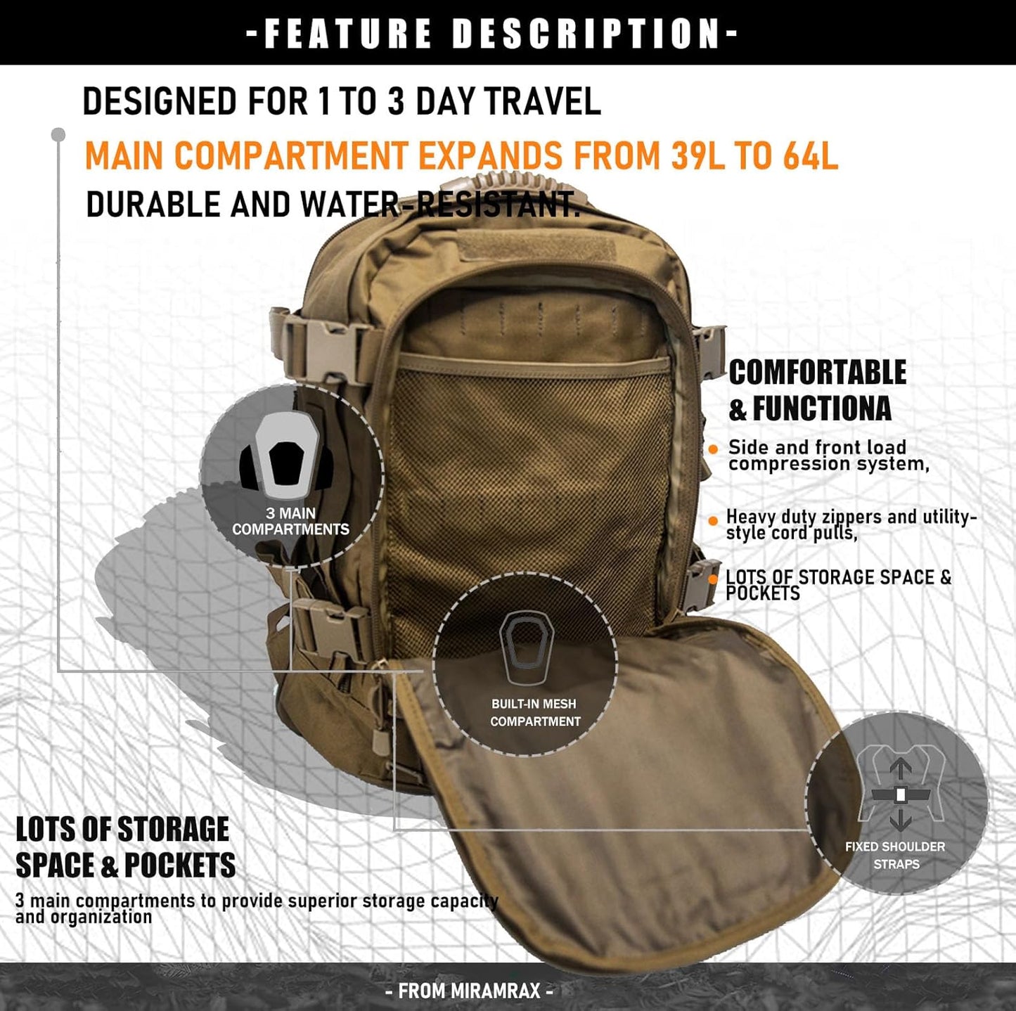Tactical Backpack Military Army Daypack - Assault Pack for Men Molle Backpacks Bug Out Bag 3 Day Pack for Hiking Camping Travel Hunting Rucksack Trekking Coyote