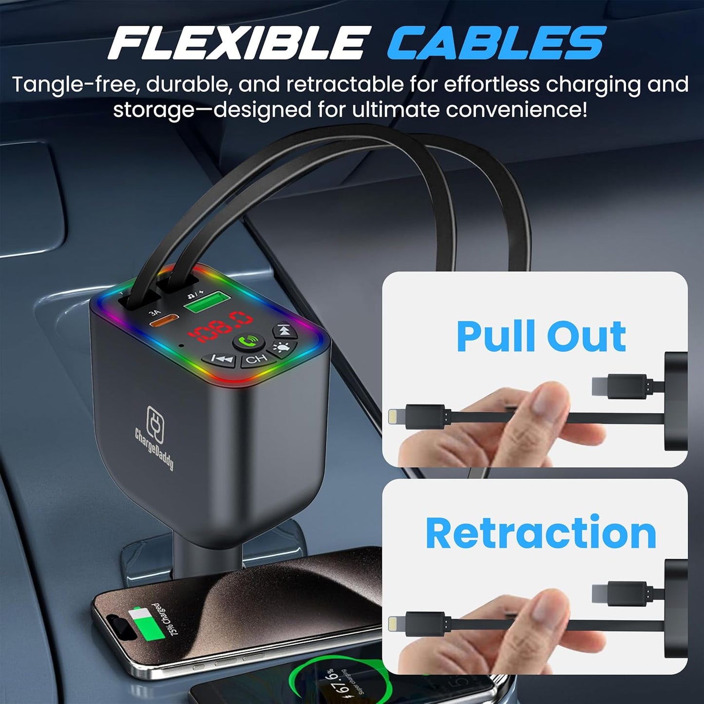 Bluetooth 5.3 Car FM Transmitter with 120W Max Power, Retractable Cables (80cm), Digital Display, Hands-Free Calling, Noise Canceling, and Dual Device Charging