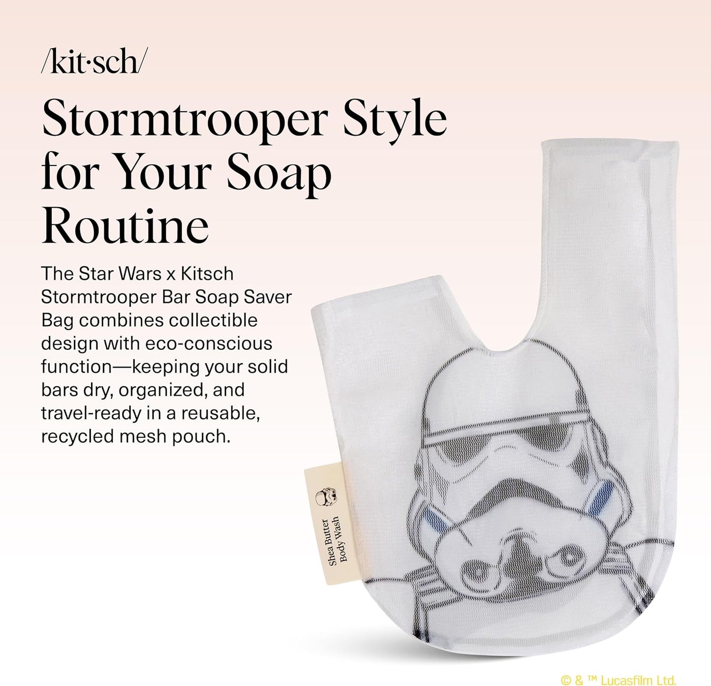 Kitsch x Star Wars Stormtrooper Soap Saver Bag – Patented Mesh Bag Soap Holder for Body Wash Bar - Extends Use & Prevents Soggy Mess - Recycled Mesh Beauty Pouch, Eco-Friendly
