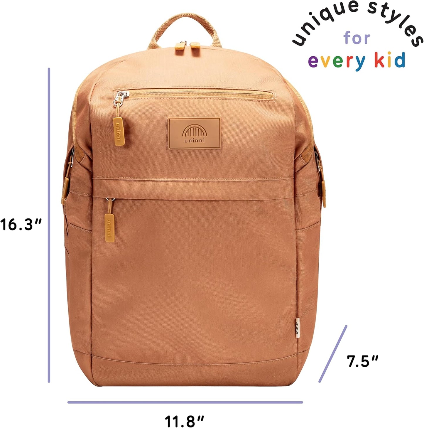 uninni 16” student backpacks, Age 8+ & Adults with Padded, and Adjustable Shoulder Straps, Laptop compartment. (Brown)