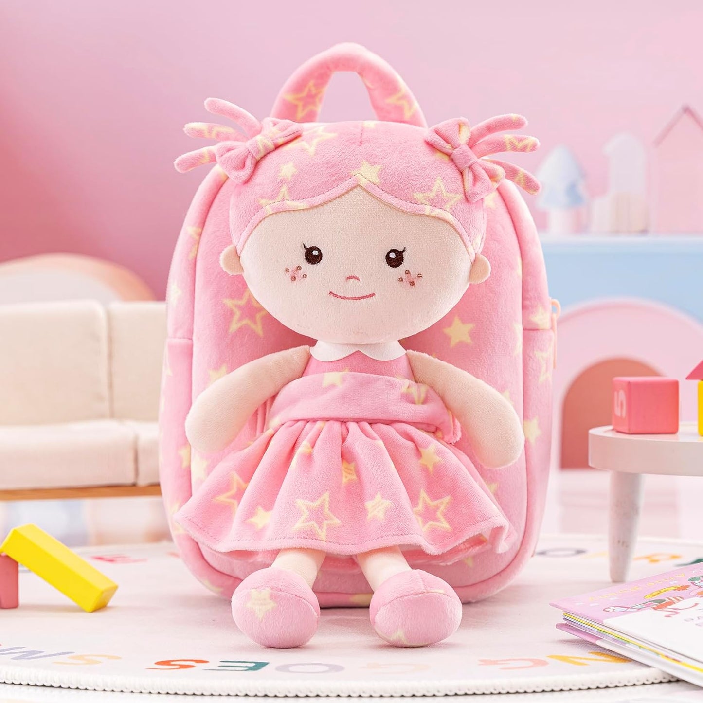 Onetoo Toddler Backpacks Back to School Gifts for Girls Kids Backpack with Soft Tanned Baby Dolls in Pink Star Dress 9"