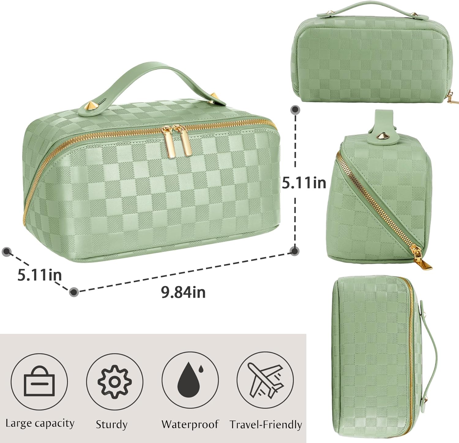 Large Capacity Travel Cosmetic Bag - Portable Makeup Bags for Women Waterproof PU Leather Checkered