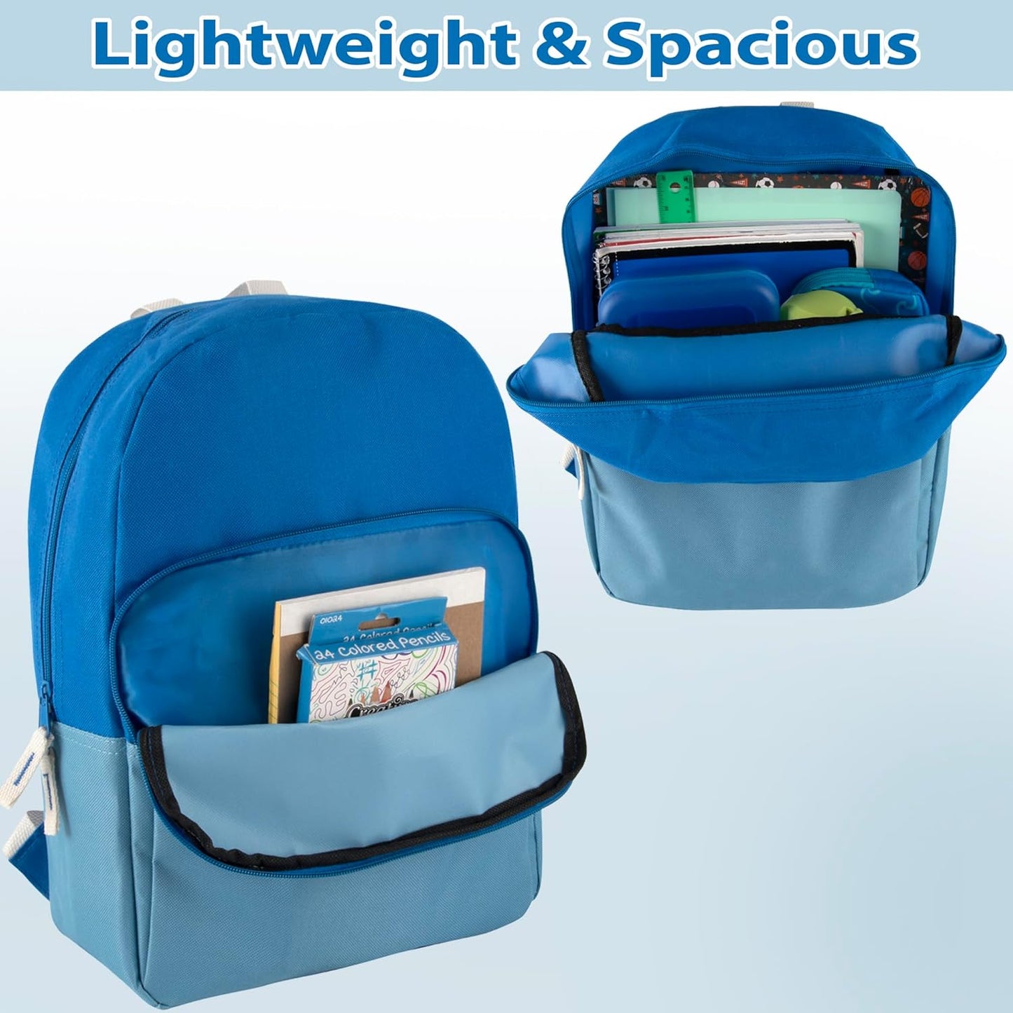 Color Block Backpacks for School Boys and Girls, 15 Inch Two Tone Colorful Small Travel Backpack for Kids (Blue)