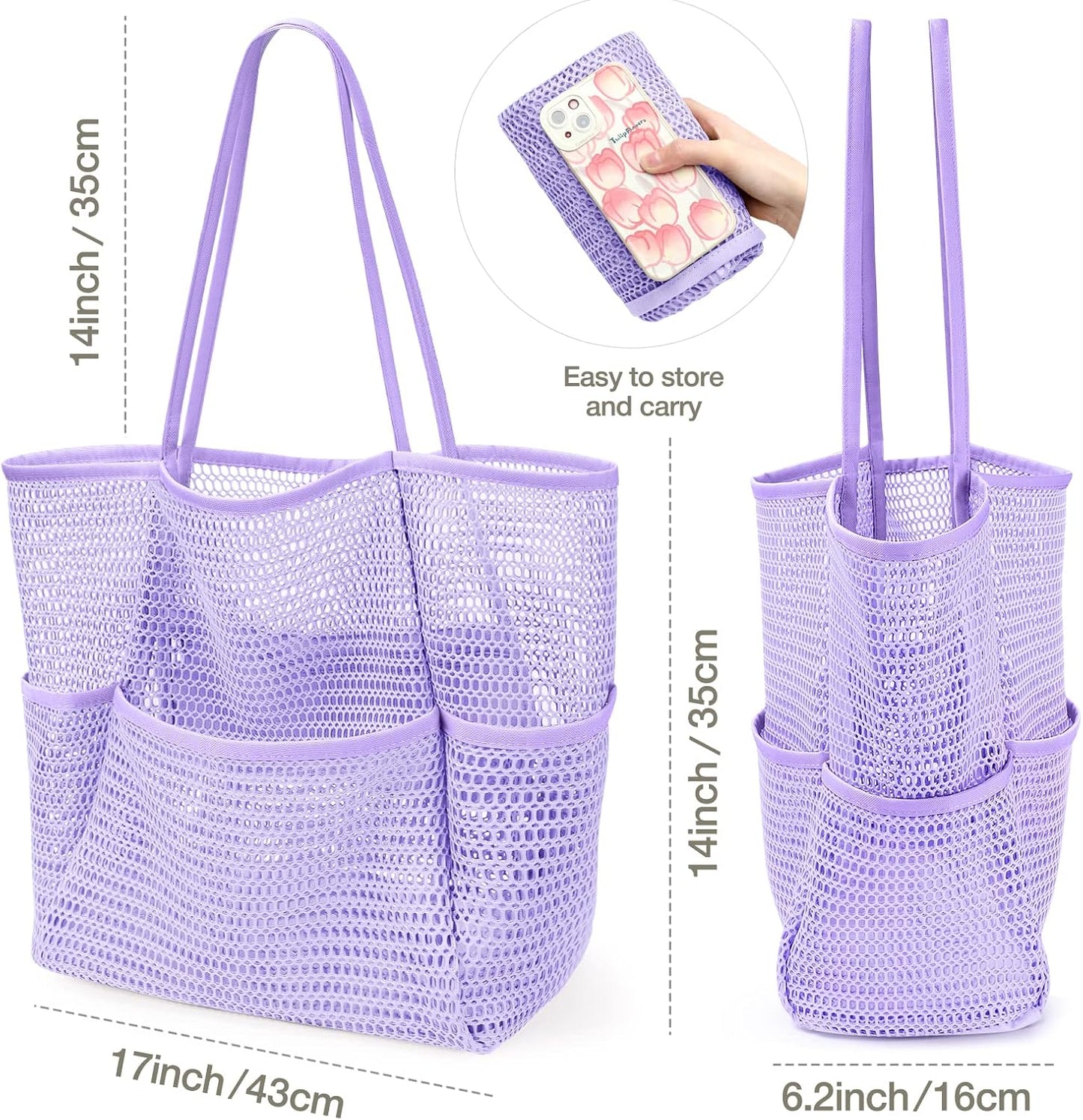 KPX Beach Bag with Mini Pocket, Beach Tote Bags for Women Large Foldable Mesh Swimming Pool Travel Bags - Sandproof