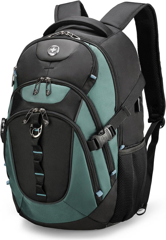 Swissdigital Design Laptop Backpack with USB Charging Port, Travel Backpack Fits 15.6 inches Computer, 31L College School Backpack for Men, Lake Green/Black | SD803