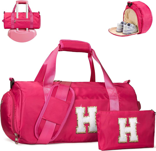 Birthday Gift for Daughter, Girls Travel Duffel Bag, Kids Initial Overnight Bags with Shoe Compartment, Customized Sport Gym Weekender Bag with Makeup Pouch, Teen Girl Gifts (Letter H)
