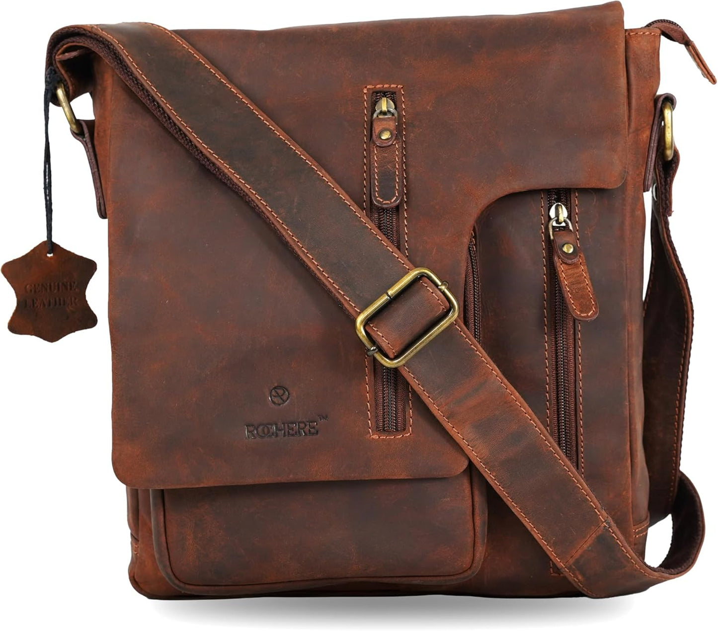 Vintage Leather Messenger Sling Bag – Premium Crossbody Satchel with Curved Flap, Zipper Closure, Adjustable Strap – Stylish Travel & Work Bag for Men & Women