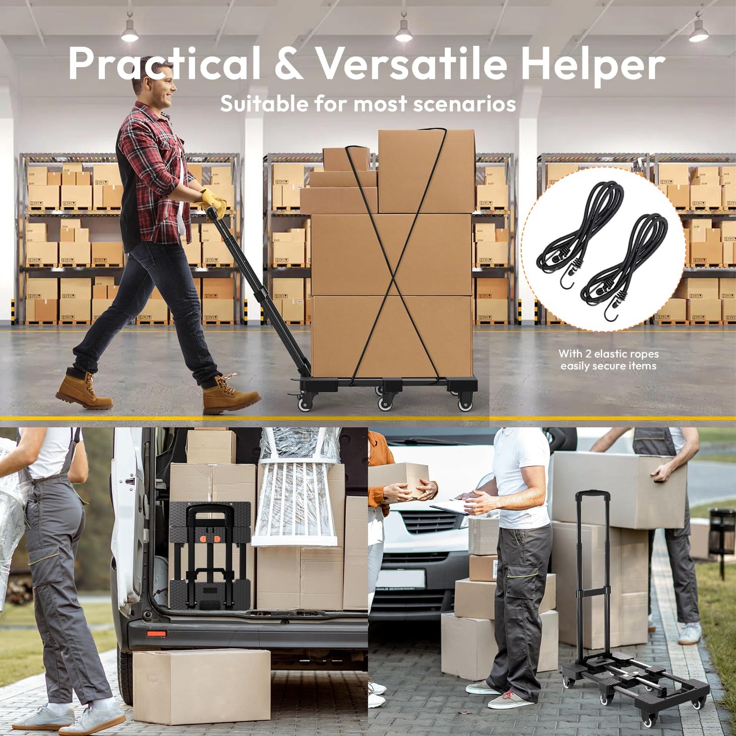 Voipvvii Folding Hand Truck 500lbs, Portable Heavy Duty Dolly Cart, 6 Wheels Collapsible Luggage
