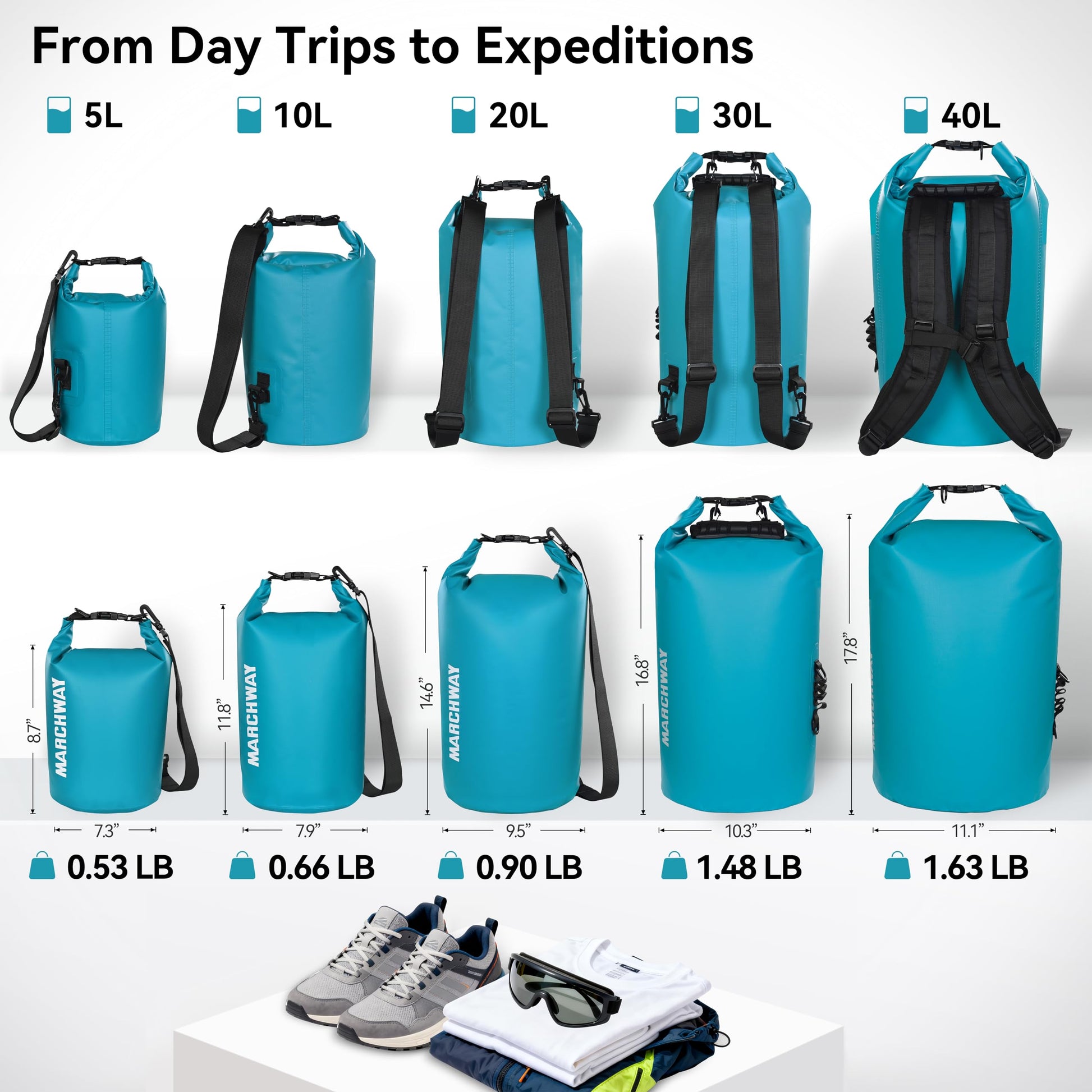 MARCHWAY Floating Waterproof Dry Bag Backpack 5L/10L/20L/30L/40L, Roll Top Sack Keeps Gear Dry for