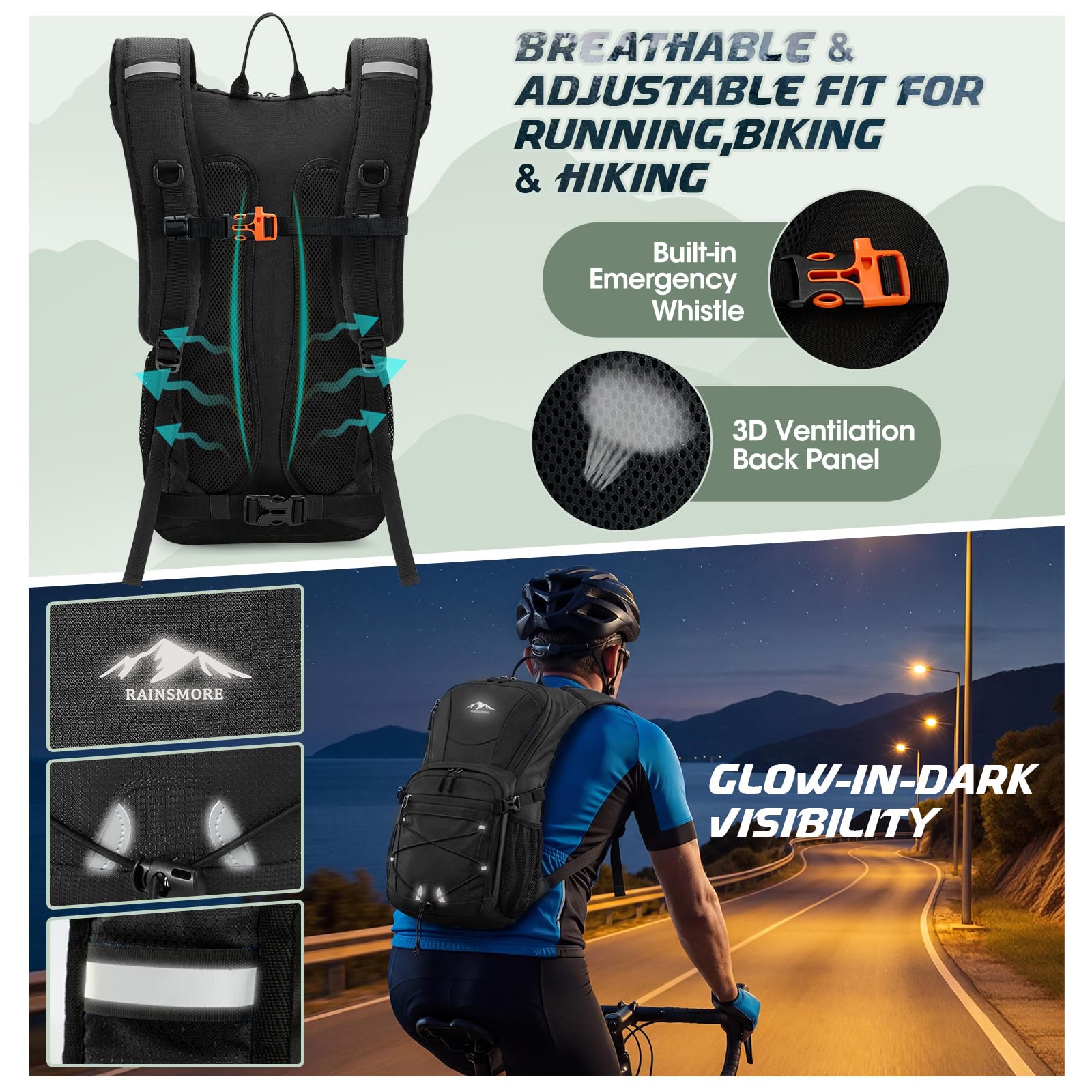 RAINSMORE Hydration Backpack with 2L Water Bladder, 15L Lightweight Hiking Backpack for Women & Men