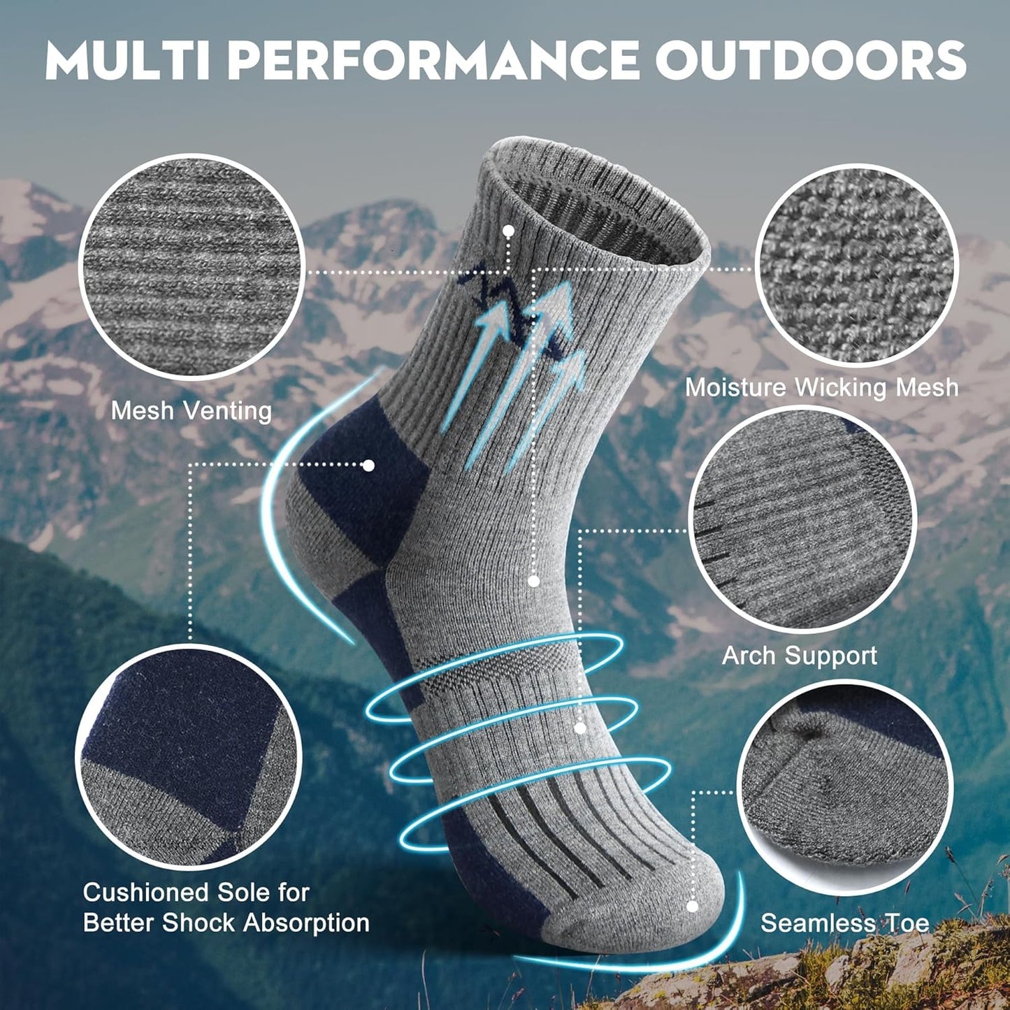 innotree 3 Pack Men's Merino Wool Hiking Socks, Micro Crew Cushioned Hiking Walking Thermal Moisture Wicking Trekking Socks