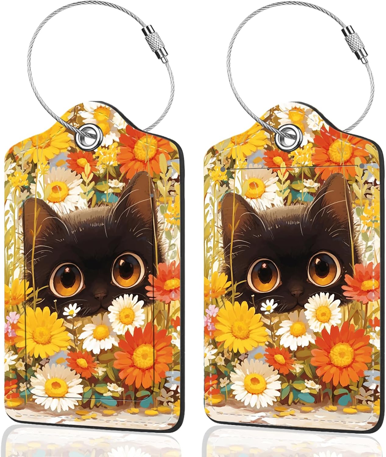 2Pack Luggage Tags for Suitcases, Cute Unique Pu Leather Cruise Luggage Tag with Privacy Cover ID Label Address Card and Metal Ring Suitable for Women Men Kids Travel Bag Yellow Flower and Kitten
