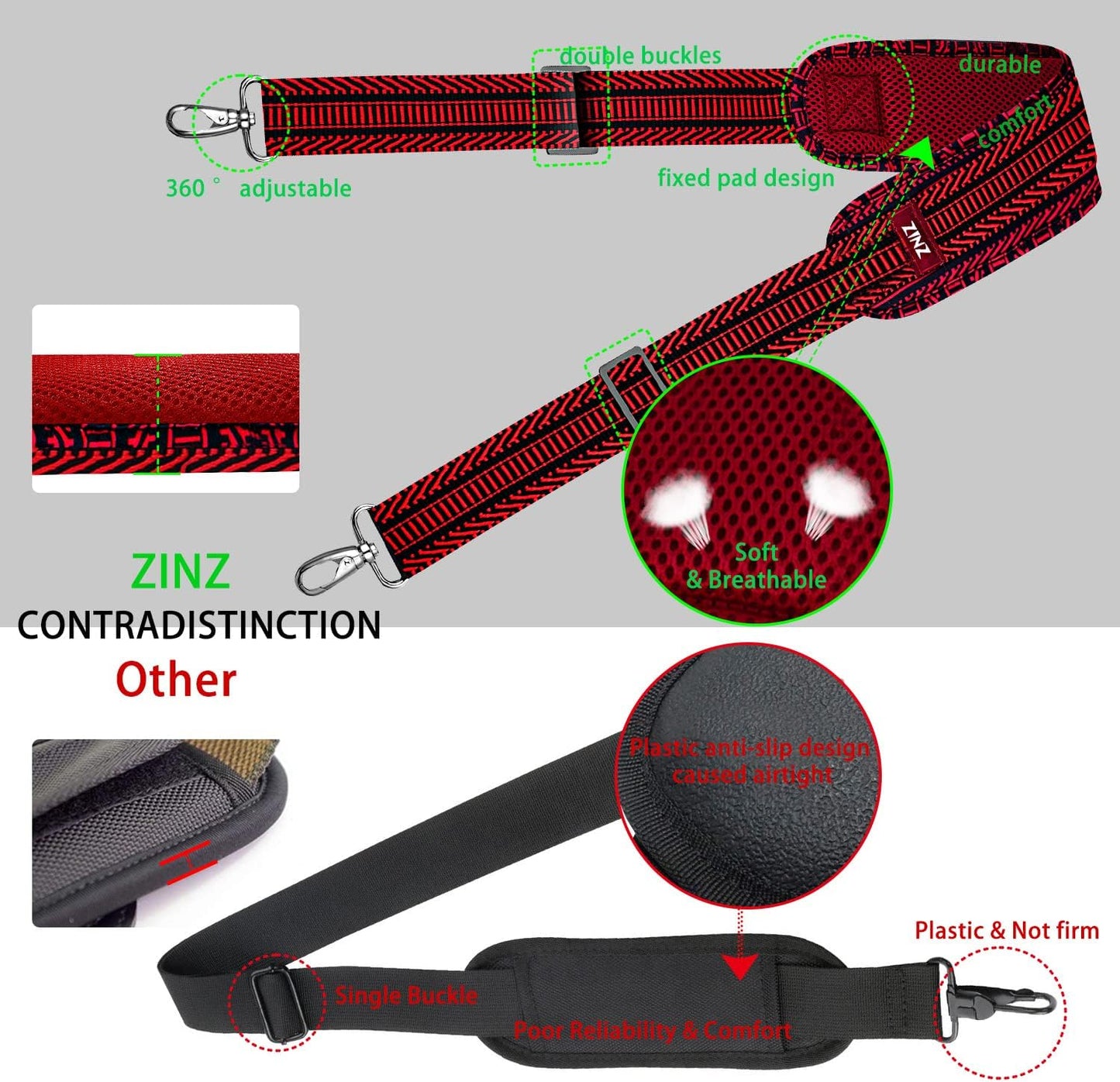 ZINZ 79 inch Shoulder Strap, Extra-thick Fixed Cushion Pad and Dual Clasps Universal Replacement Strap with Metal Swivel Hooks (200cm) (Black&Red Jacquard)