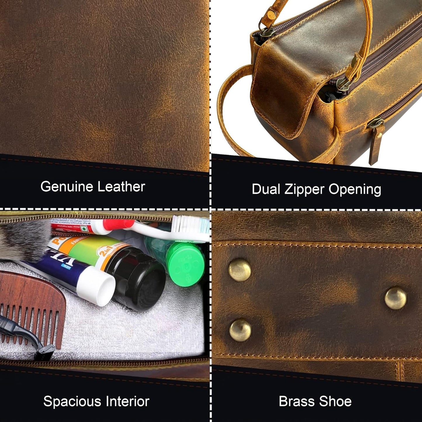 RUSTIC TOWN Buffalo Leather Toiletry Bag : Vintage Travel Shaving & Ditty Kit : for Toiletries, Cosmetics & More : Spacious Interior & Waterproof Lining : Compact, Fits Easily in Luggage