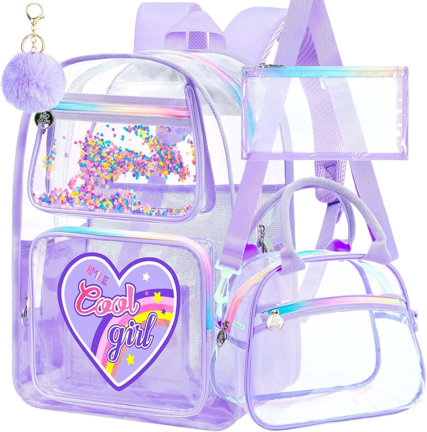 3PCS Girls Clear Backpack Heavy Duty, Cute Sequins See Through School Bag with Handbag, Womens Purple Transparent Bookbag