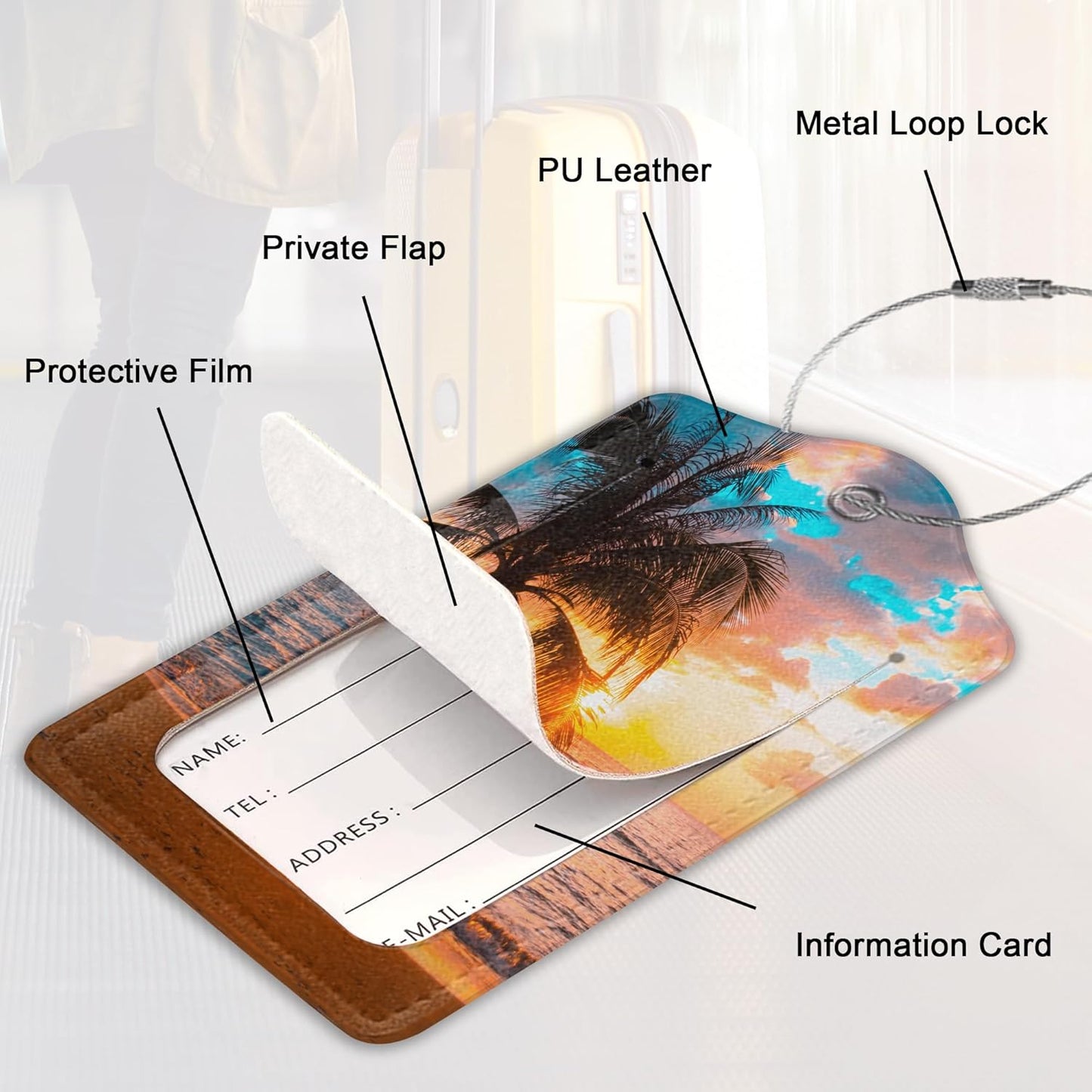 Tropical Palm Luggage Tags Set of 2 Leather Luggage Tags Privacy Cover Suitcase Label with Stainless Steel Loop for Women/Men Travel,Sunset Trees Sea Beach