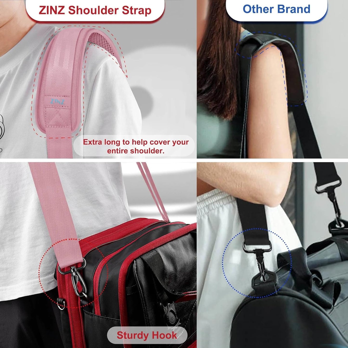 ZINZ Shoulder Strap - 59 Inch Universal Heavy-duty Adjustable Strap with Ultra-thick Fixed Breathable Pad for Laptop, Gym, Camera Bag and More -Pink