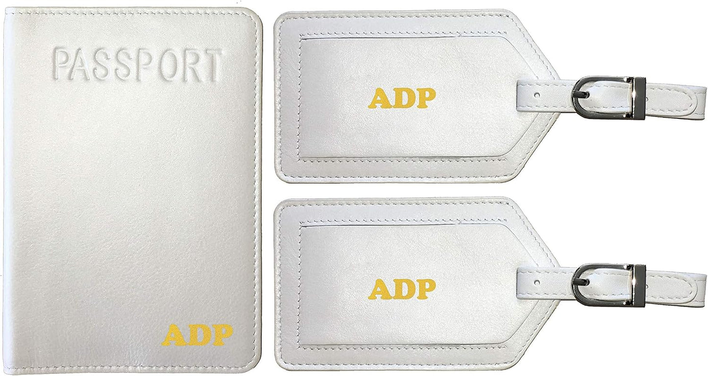 Personalized Monogrammed White Leather RFID Passport Cover Holder and 2 Luggage Tags