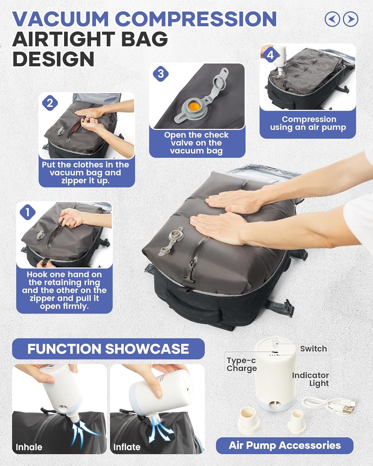 WONHOX Travel Vacuum Storage Backpack with Air Pump Vacuum Seal Compression Space Saver Bags Clothing Vacpack 18x14x8 inches Travel Bag Carry on Personal item Laptop Work Backpacks Women BlackGrey