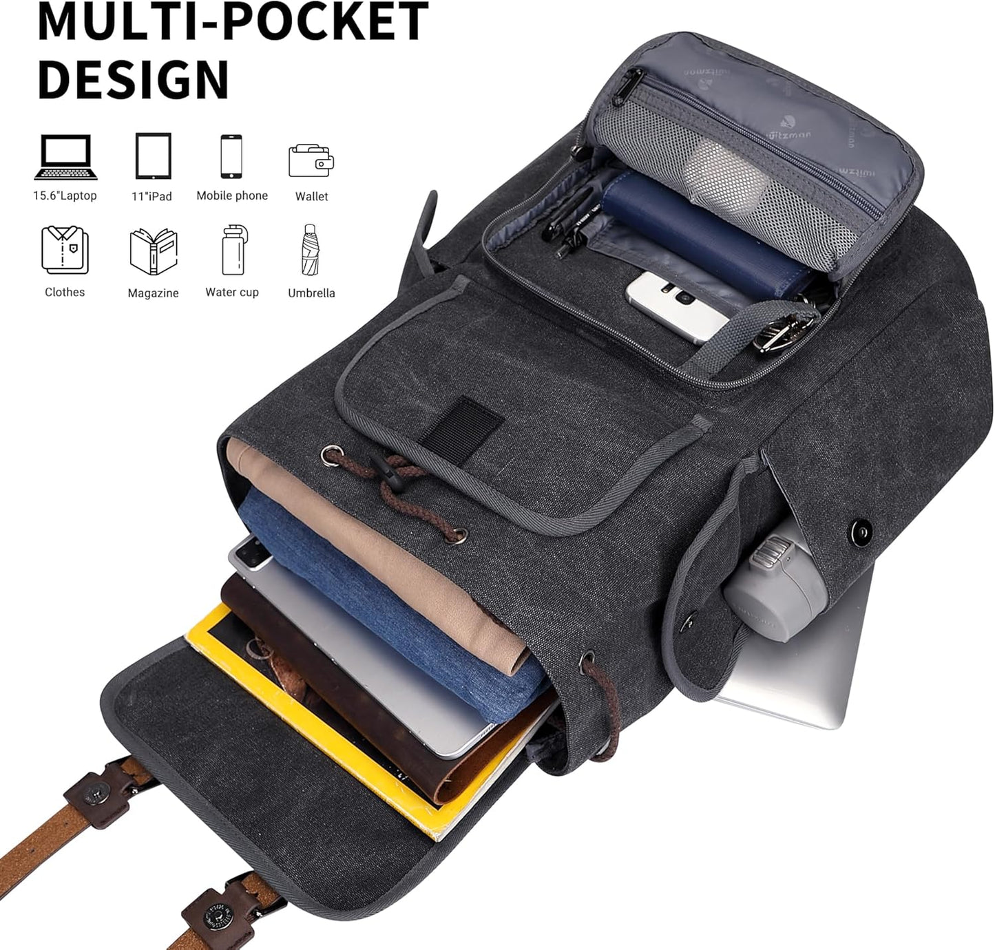 WITZMAN Canvas Backpack for Men Vintage Rucksack Fit 15.6 inch Laptop Backpack Travel High Capacity Casual Daypack (A8004 Black/Gery