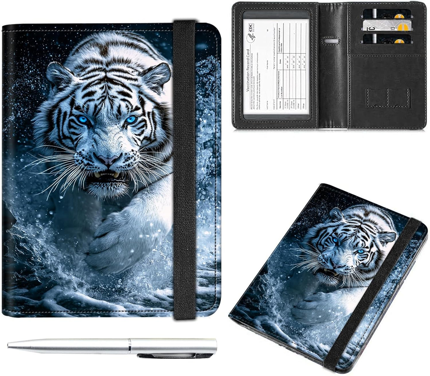 Passport and Vaccine Card Holder Cover Combo,Travel Passport Holder Wallet with RFID Blocking, Leather Vaccine Card Slot Passport Cover Case for Women & Men,White Tiger with Blue eyes
