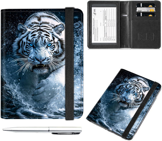 Passport and Vaccine Card Holder Cover Combo,Travel Passport Holder Wallet with RFID Blocking, Leather Vaccine Card Slot Passport Cover Case for Women & Men,White Tiger with Blue eyes